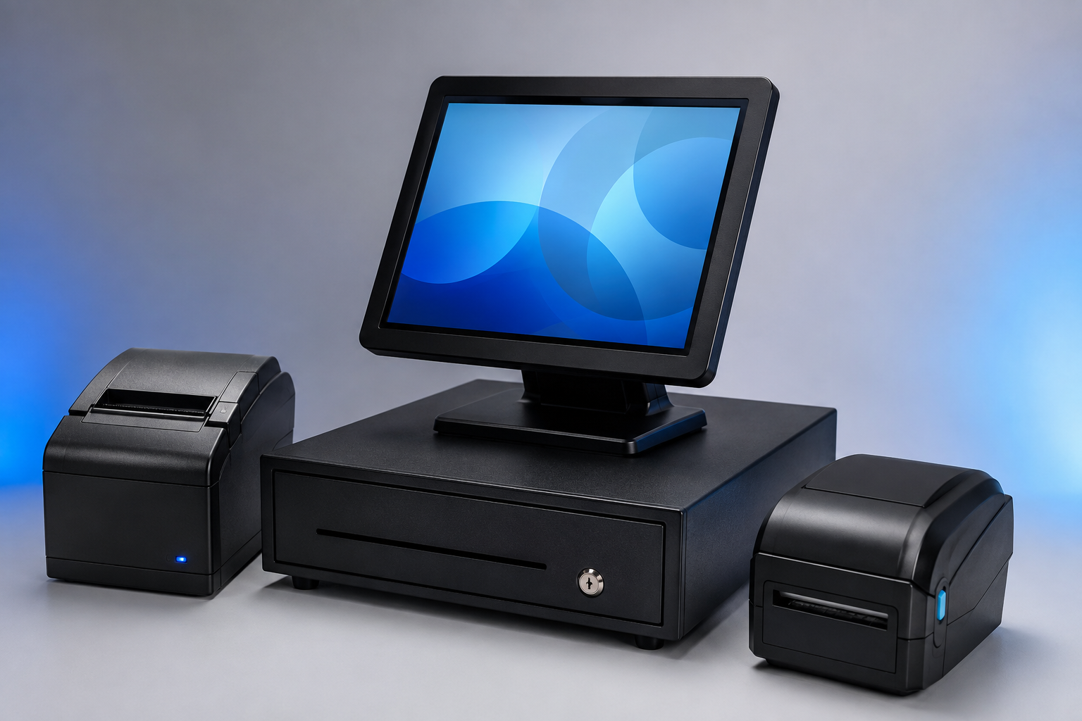 Illustrative arrangement of a POS terminal, receipt printer, cash drawer and barcode printer